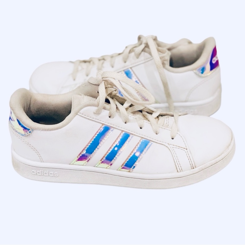Adidas Holographic White Sneakers Shoes M3 W 4.5 5 Athletic Retro Metallic